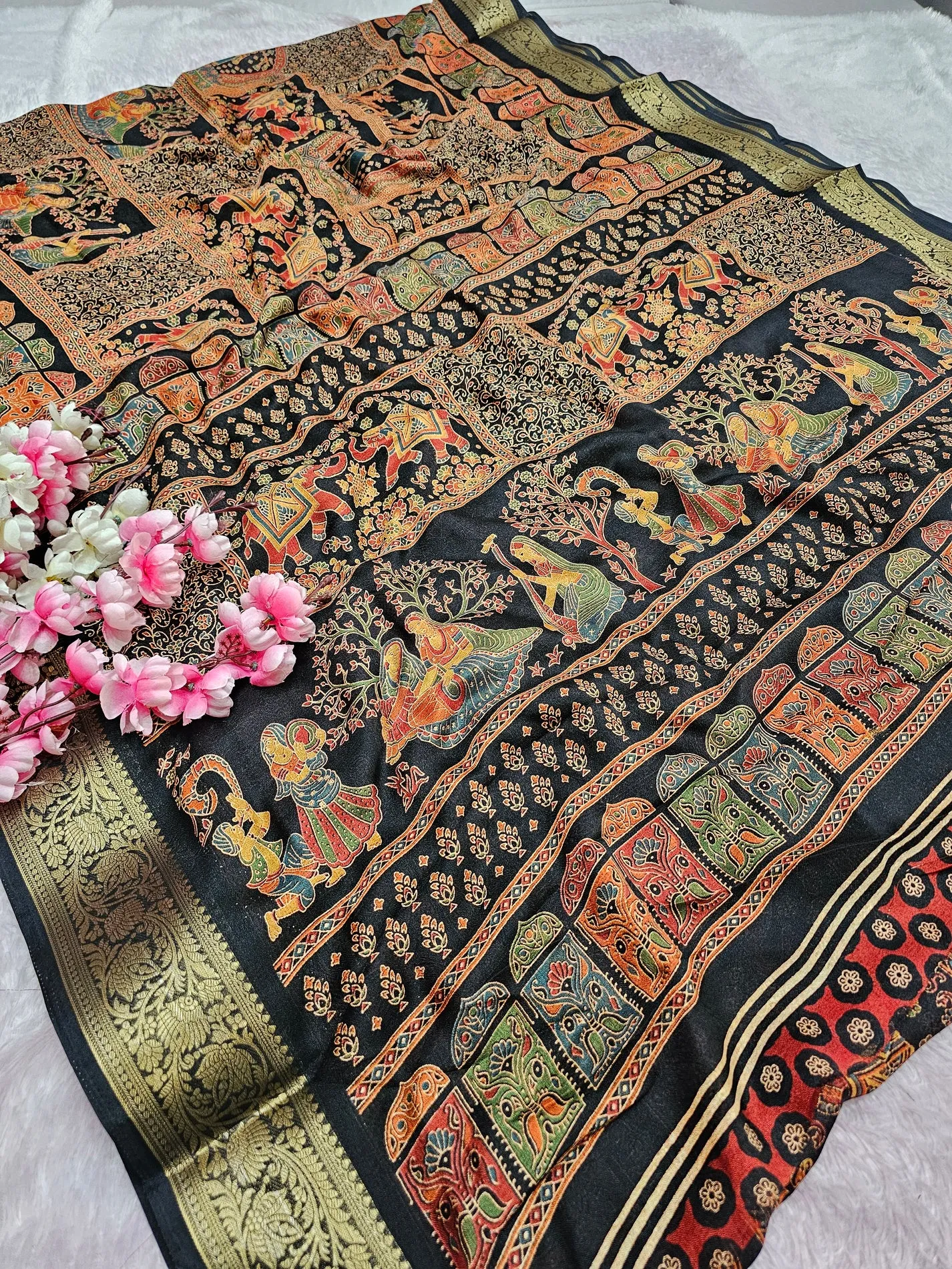 Premium Kashmiri Print Self Weaving Georgette Crepe Silk  Saree black
